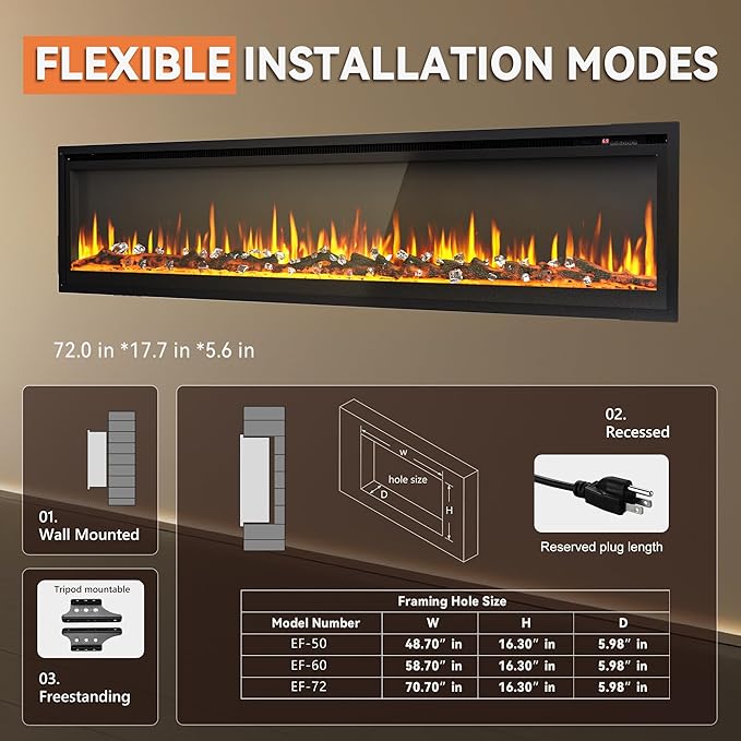 EUHOMY ultra-thin electric fireplace, black tempered glass, flexible wall mounted recessed freestanding