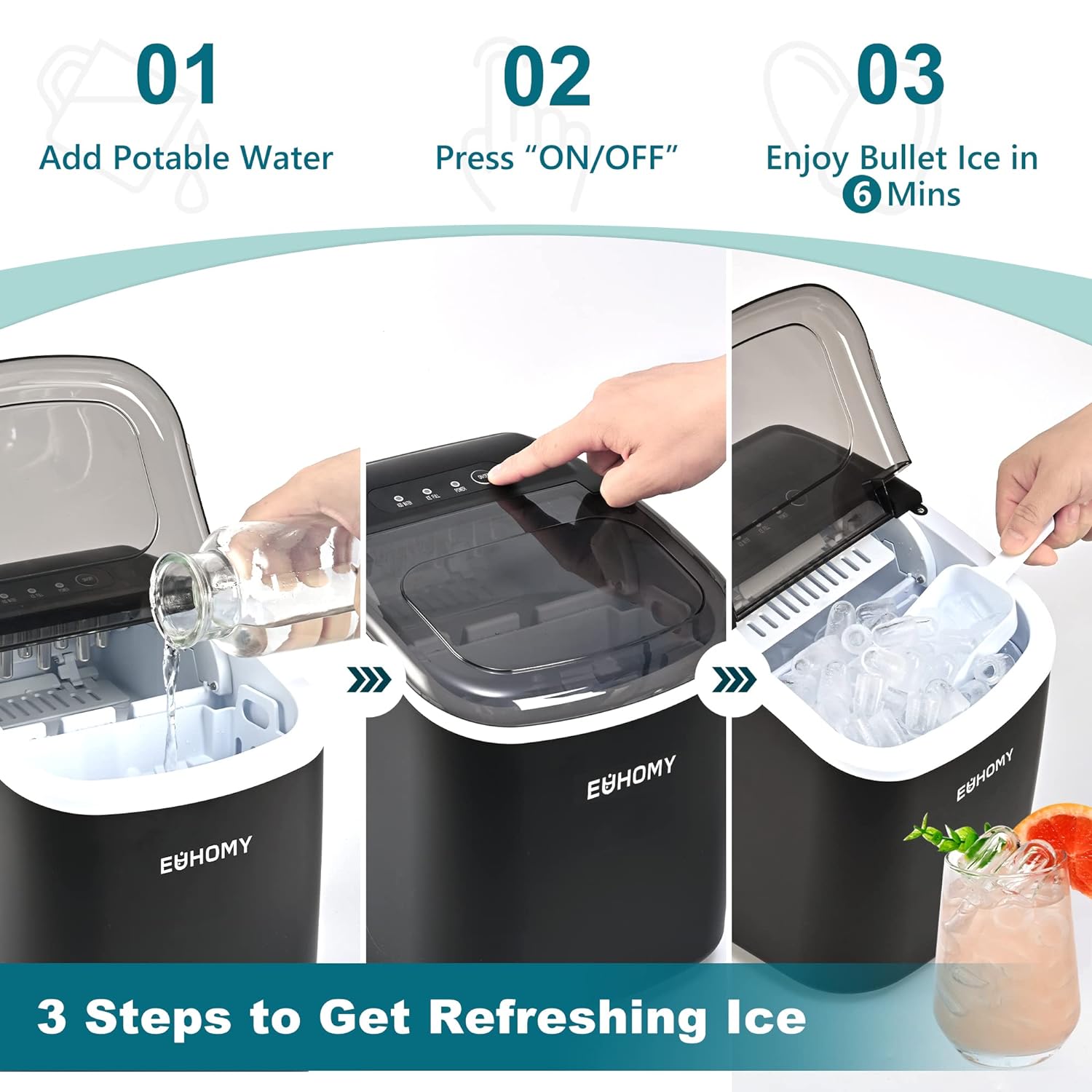 Euhomy Dart H1 bullet ice maker in black: 3 steps to get refreshing ice - add water, press on/off, enjoy ice in 6 mins.