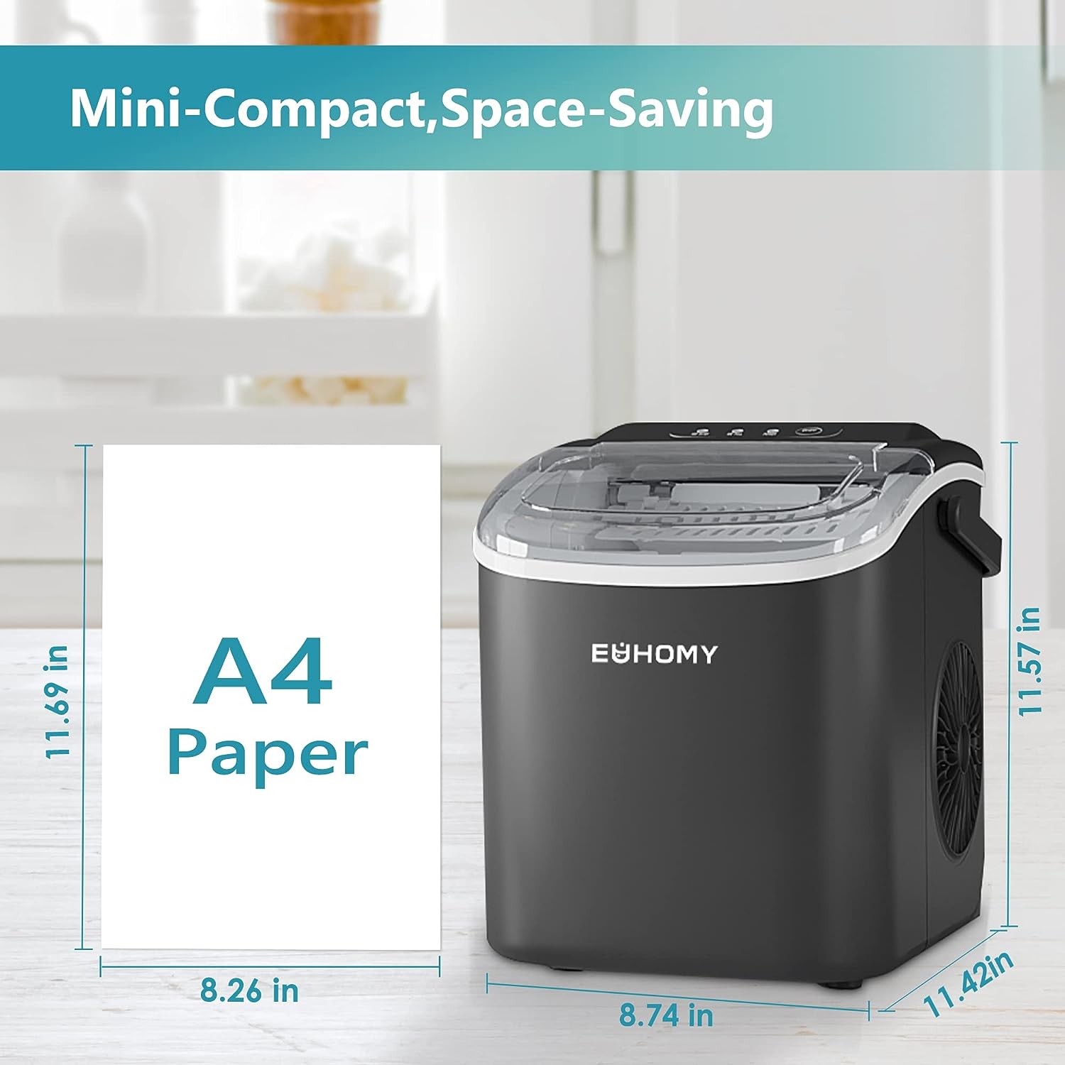 Euhomy Dart H1 bullet ice maker shown next to A4 paper to illustrate its compact, space-saving design. Dimensions provided.