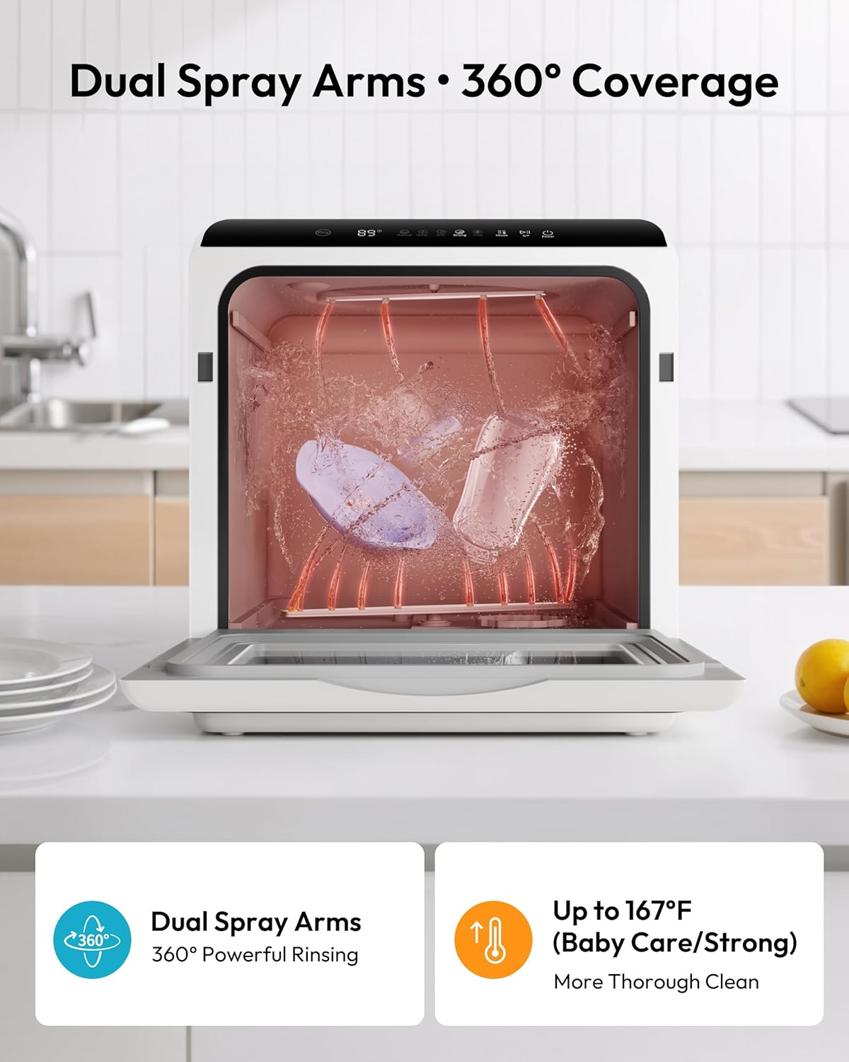 EUHOMY Countertop Dishwasher Portable with 6 Programs, 5L Built-in Water Tank for Apartments & RV, 167℉ High-Temp, No Hookup Needed, Mini Dishwasher with Baby Care, Air Dry/Quick/ECO/Fruit/Normal Mode