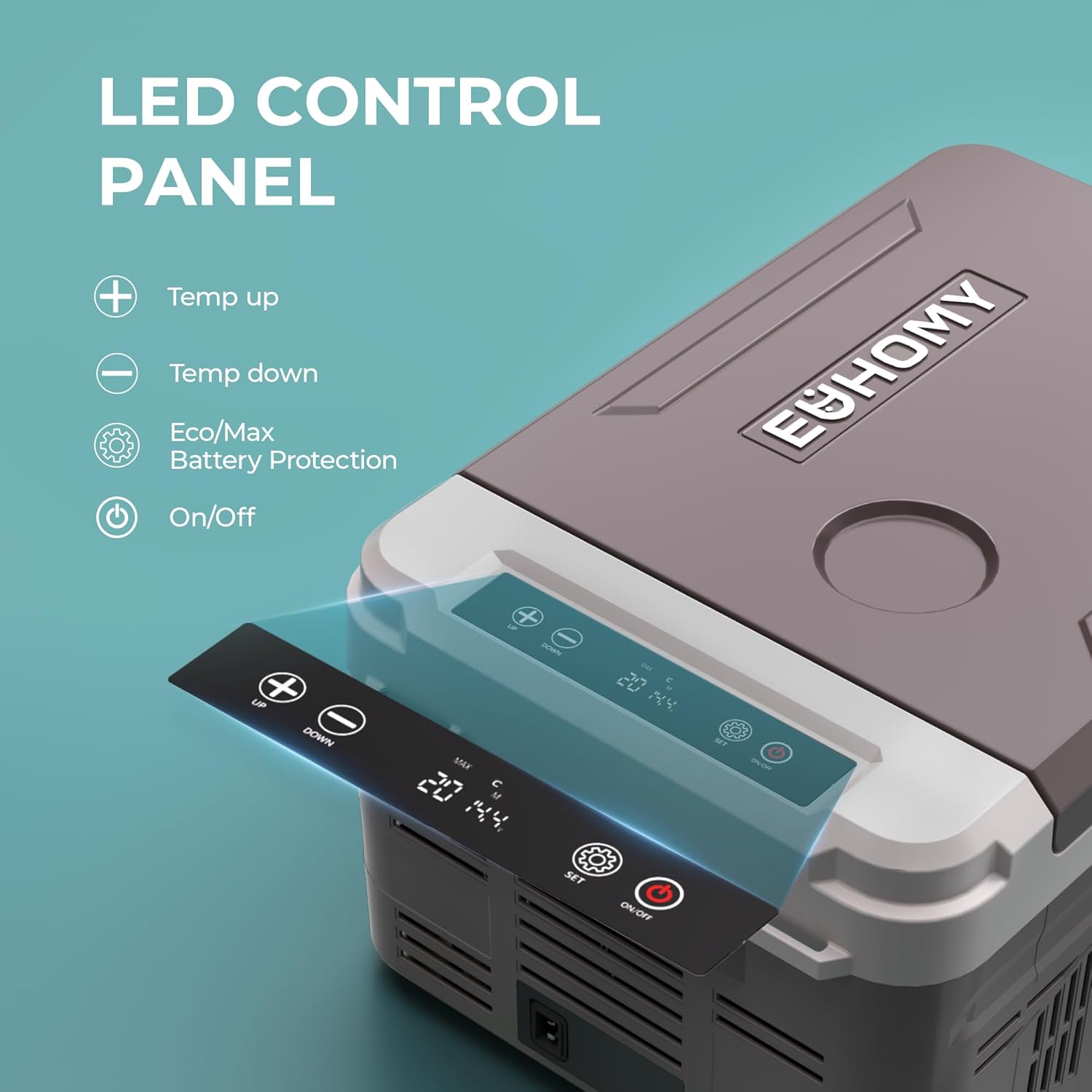 EUHOMY 10L portable car fridge brown/gray, LED control panel for temp, mode & power.