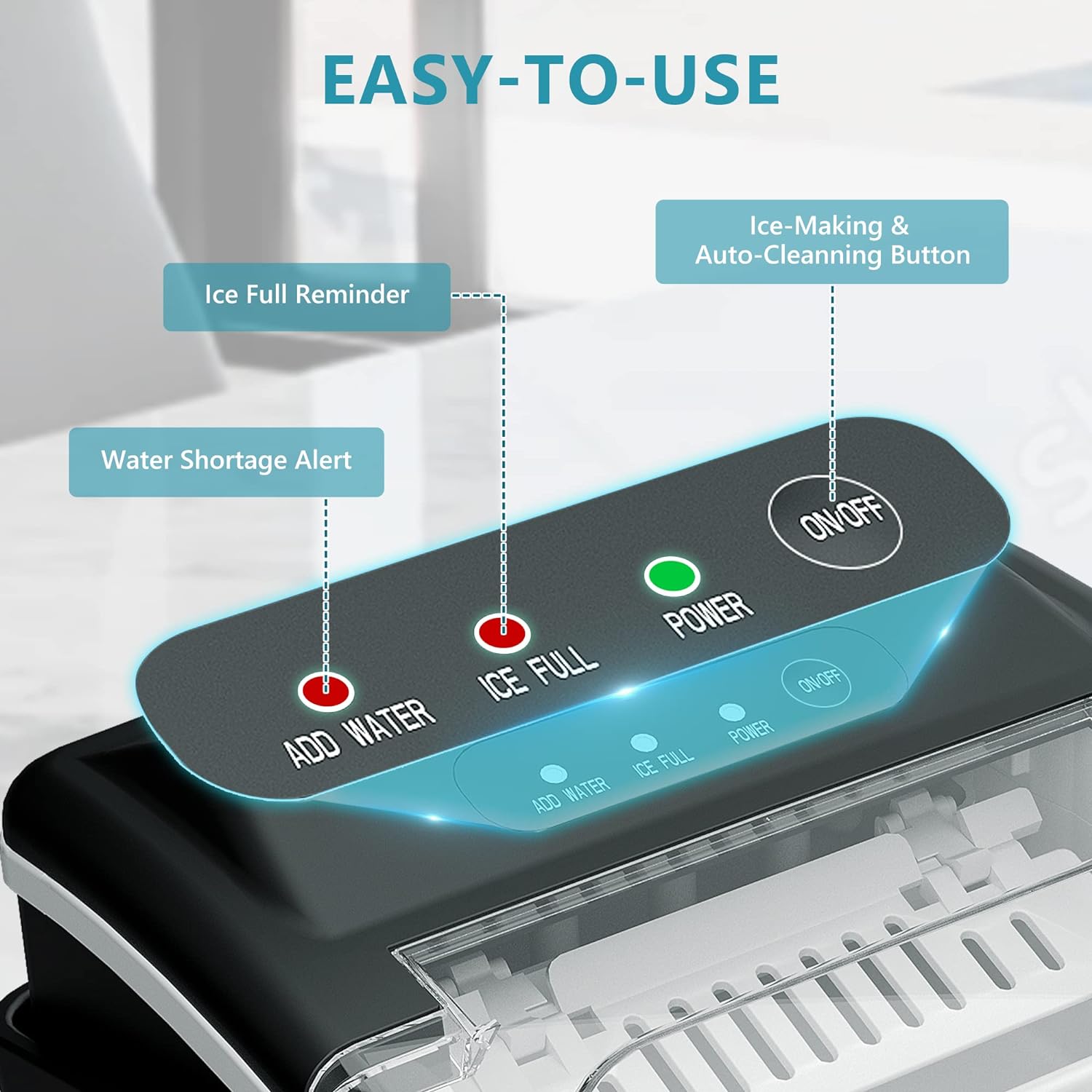 Euhomy Dart H1 ice maker control panel with ADD WATER, ICE FULL, POWER lights, and Auto-Clean button.