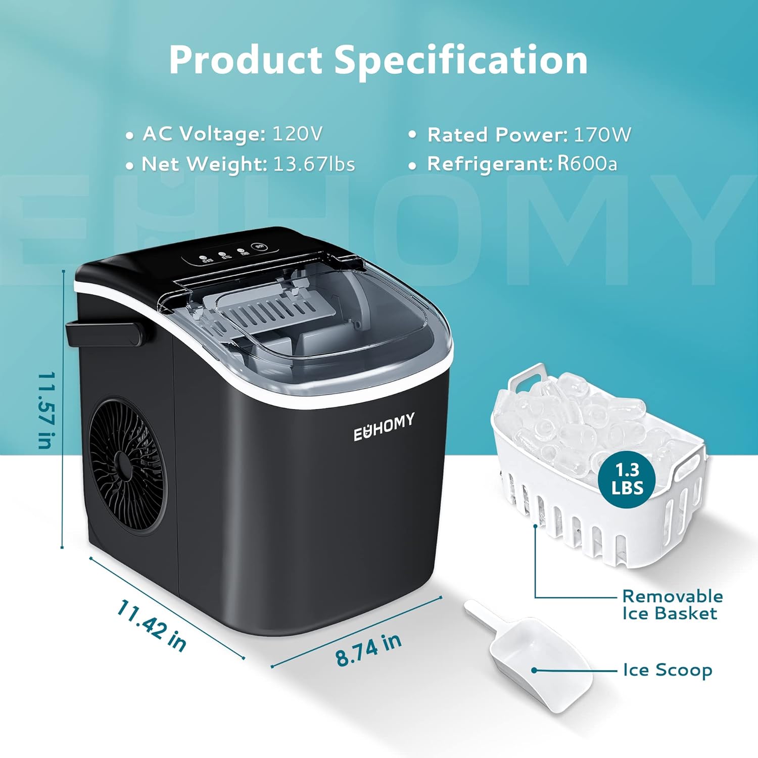 Euhomy Dart H1 bullet ice maker with dimensions, removable ice basket holding 1.3 lbs of ice, and ice scoop.