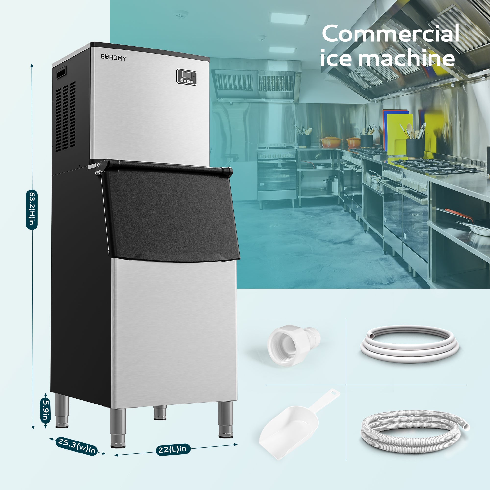 Euhomy commercial ice maker, stainless steel, 63.2-inch tall, with installation accessories