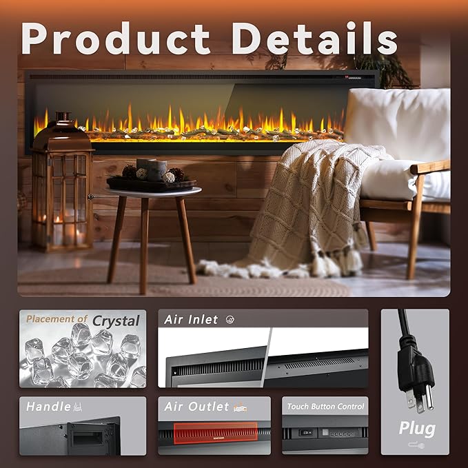 Euhomy black ultra-thin electric fireplace with flame display, crystal bed, wall-mounted design
