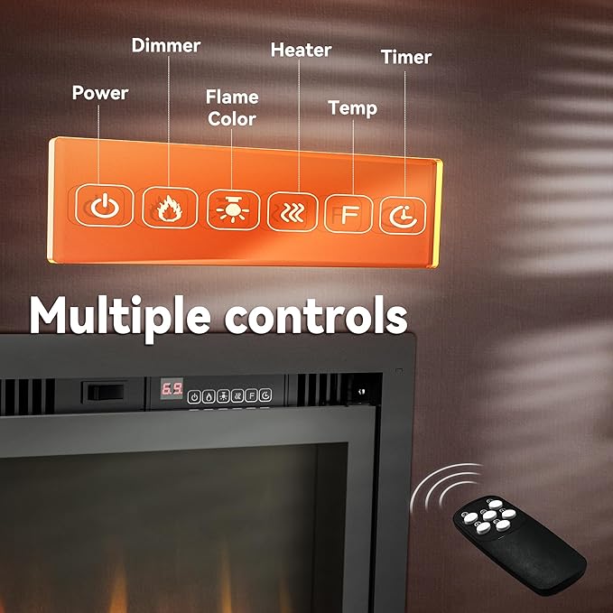 Euhomy electric fireplace control panel with power, flame color, heater, temp and timer