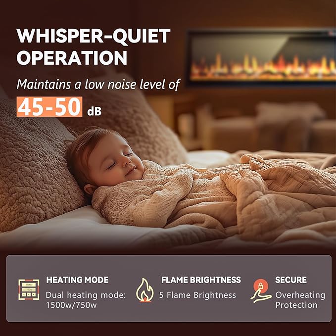 EUHOMY electric fireplace with whisper-quiet 45-50 dB operation, 1500W/750W heating