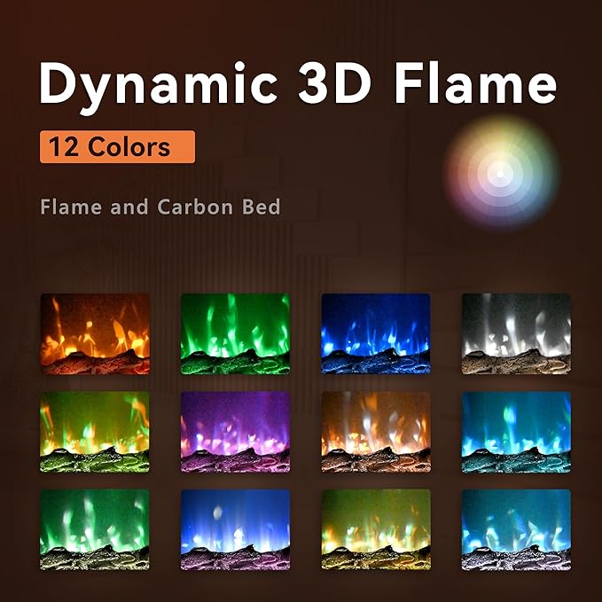 Dynamic 3D flame electric fireplace with 12 color flame and carbon bed effects