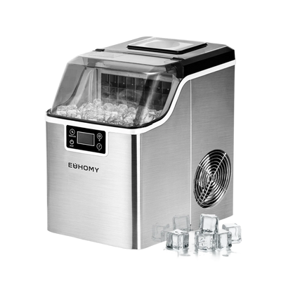 Euhomy stainless steel countertop ice maker with clear lid, control panel, and ice cubes