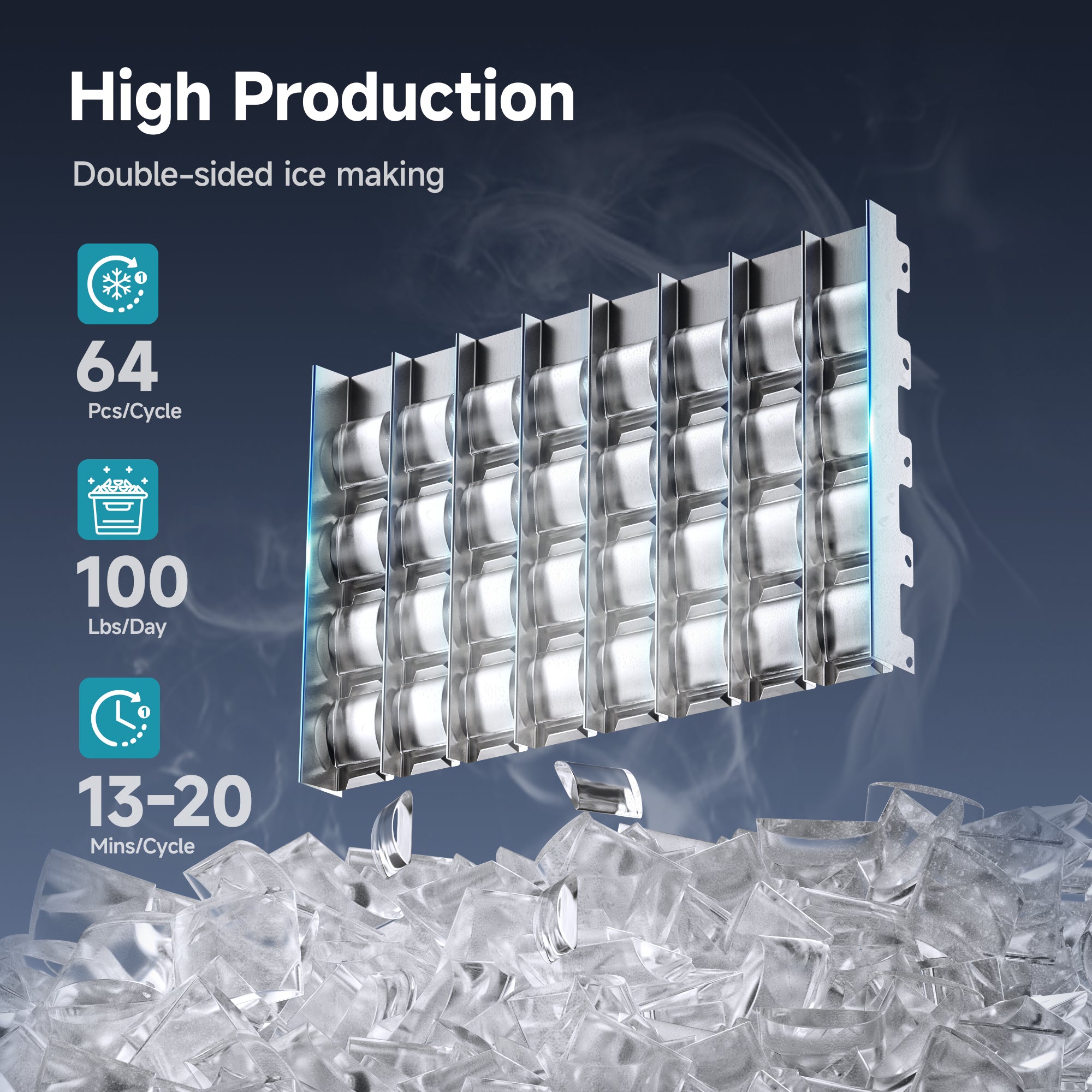 Double-sided crescent ice maker producing 64 pcs per cycle and 100 lbs per day