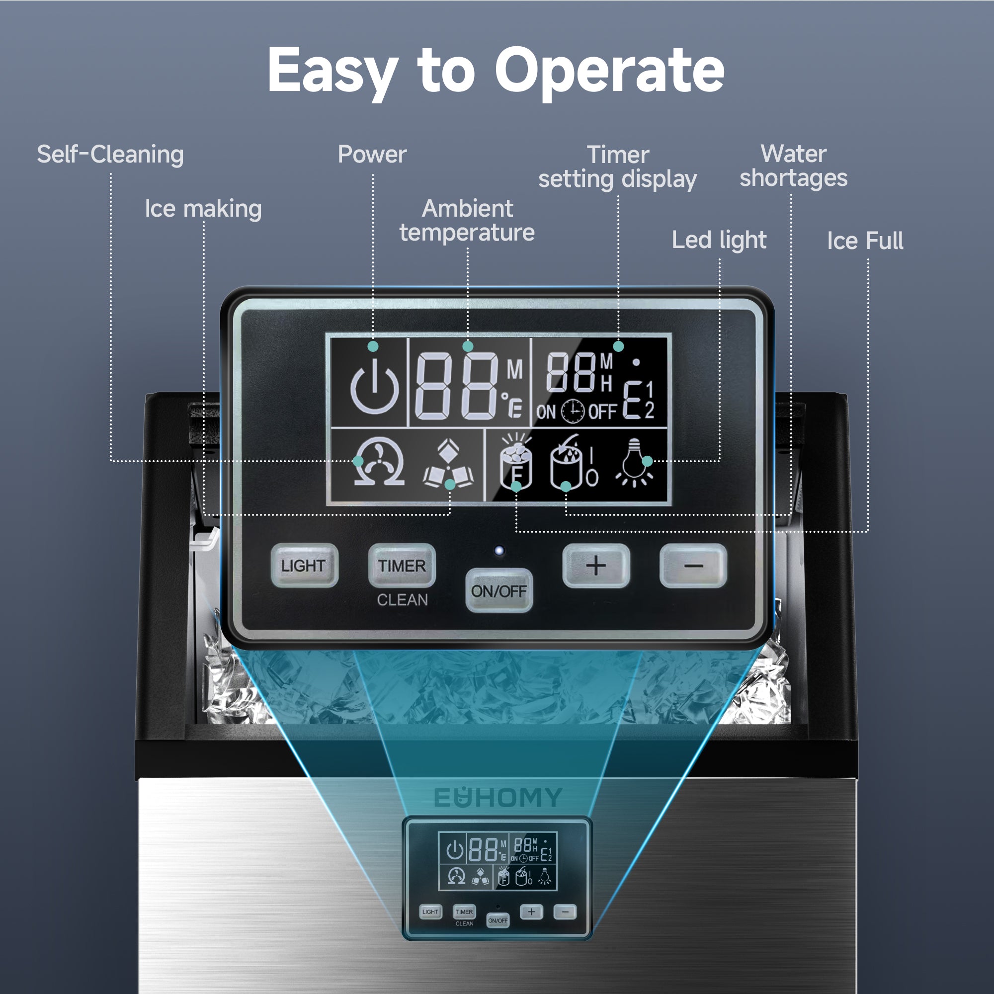 Euhomy Moon SE commercial ice maker control panel with LCD display, self-clean, timer, LED light, and ice full indicators