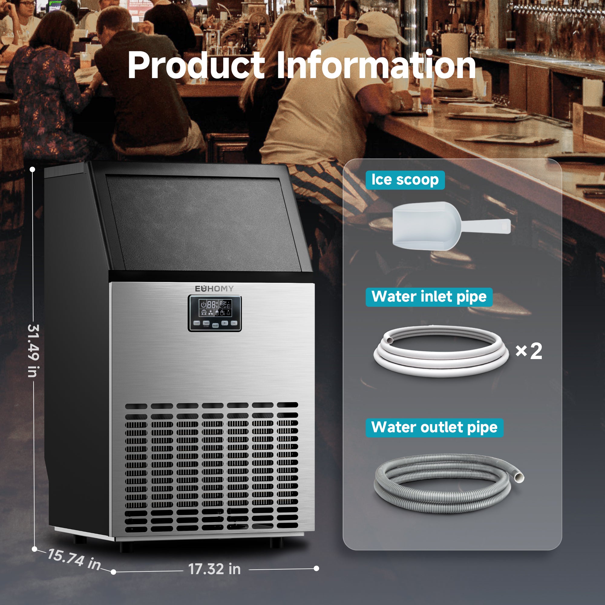 Euhomy Moon SE commercial ice maker in stainless steel with ice scoop, water inlet pipe, and outlet pipe