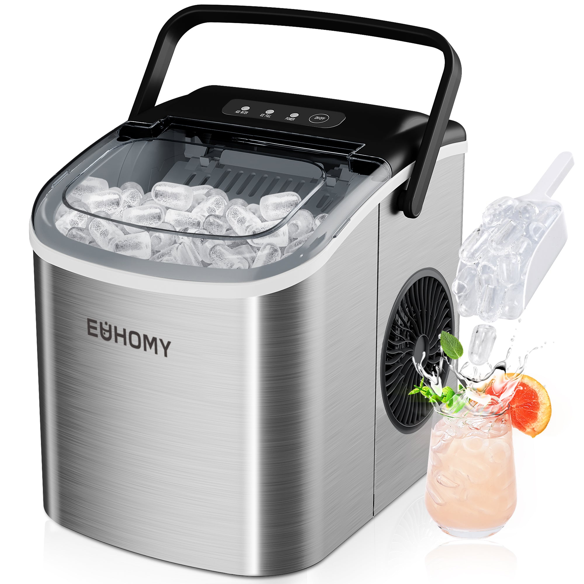 Euhomy Dart H1 ice maker, brushed stainless steel, full ice bin, ice scoop, and drink with ice.