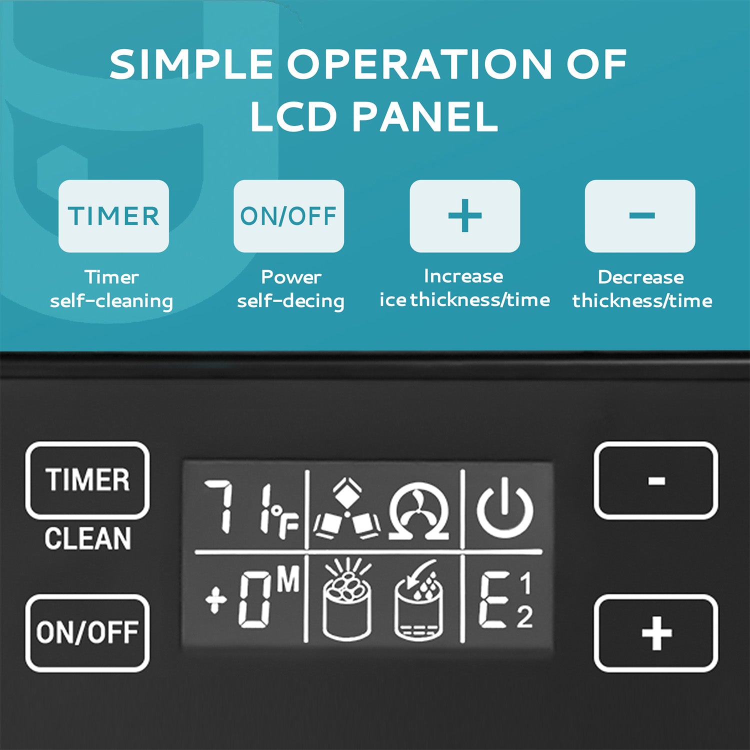Euhomy ice maker LCD panel: Timer, Clean, ON/OFF, temp, and ice settings.
