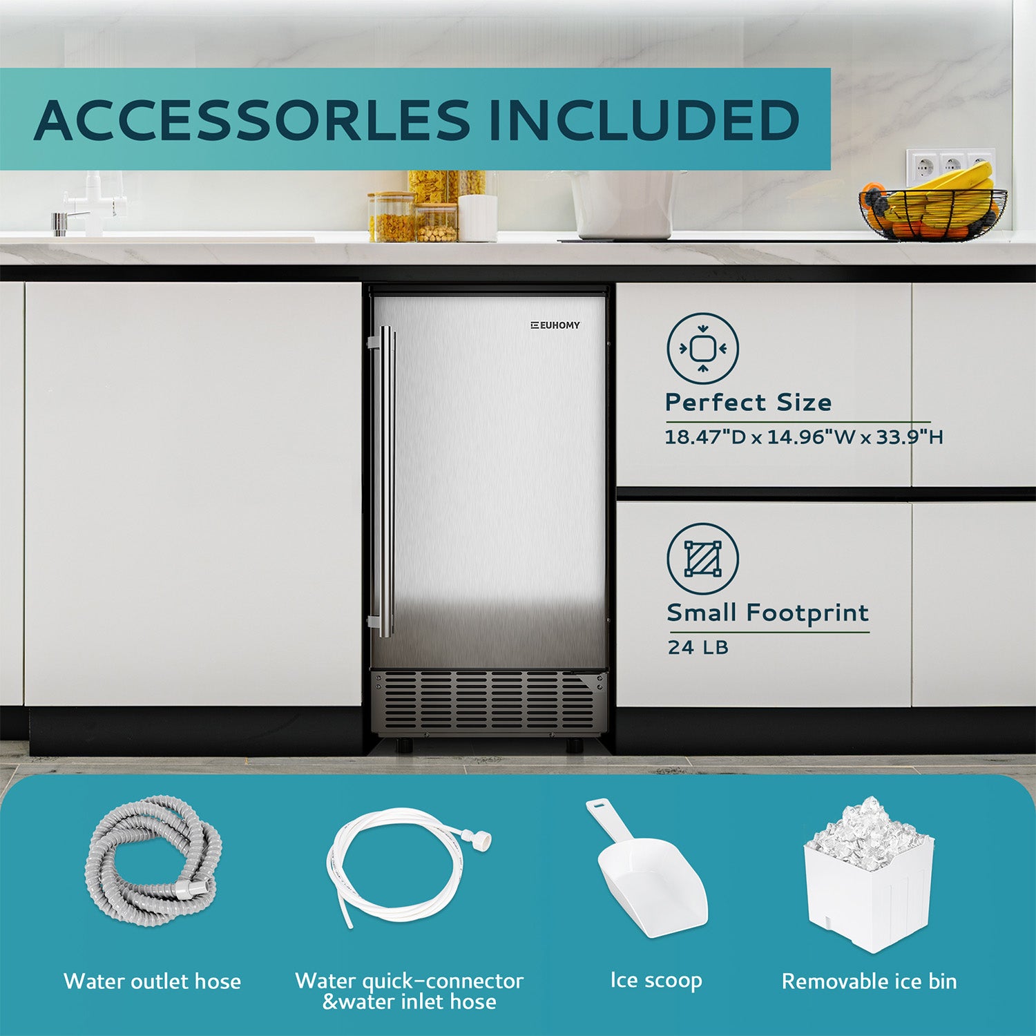 Euhomy Lucid S2 ice maker with accessories: outlet/inlet hoses, scoop, bin. Perfect size: 18.47"D x 14.96"W x 33.9"H.
