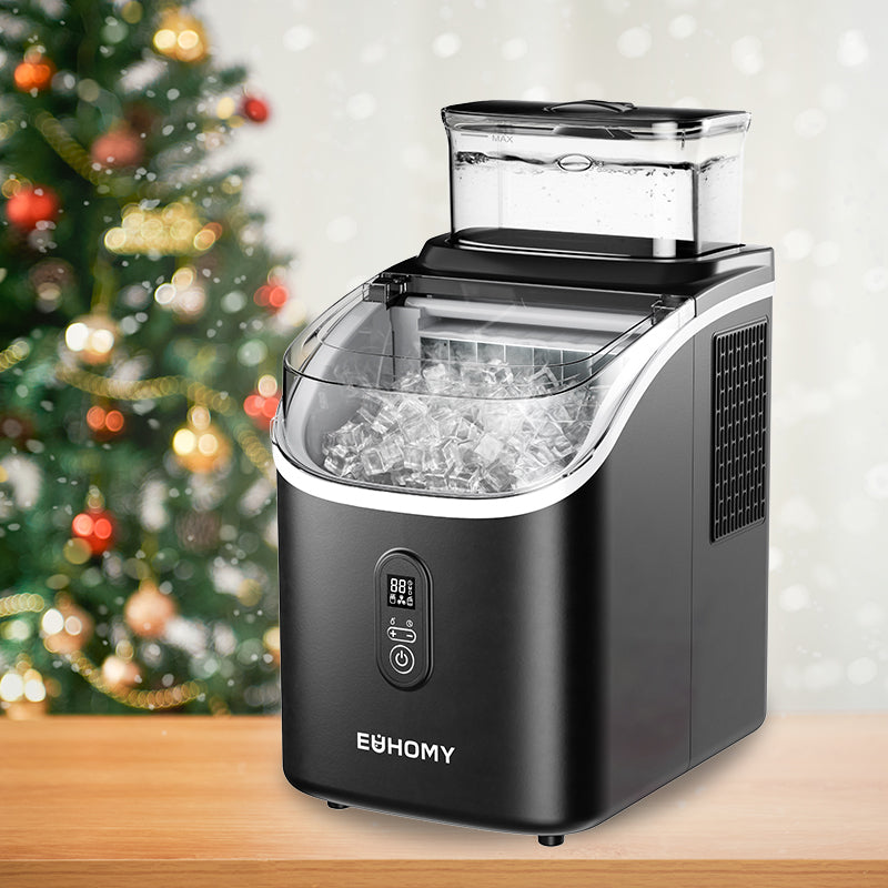 Euhomy Tile SE cube ice maker with ice-filled bin and water tank, next to a festive Christmas tree.