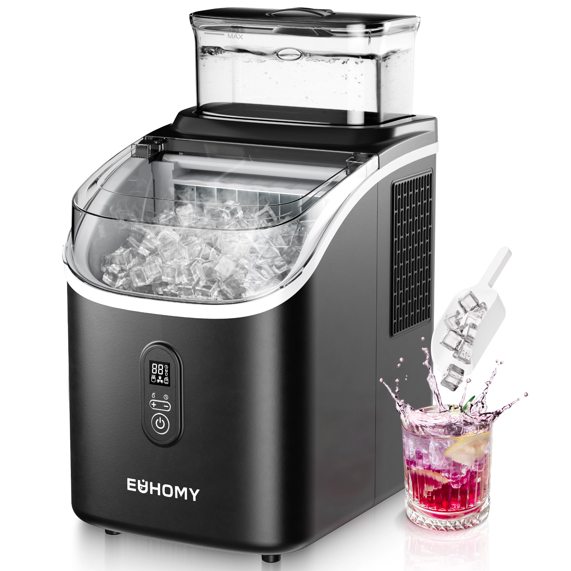 Euhomy Tile SE black ice maker with full ice basket, external water tank, and ice scoop. Ice splashes into a drink.