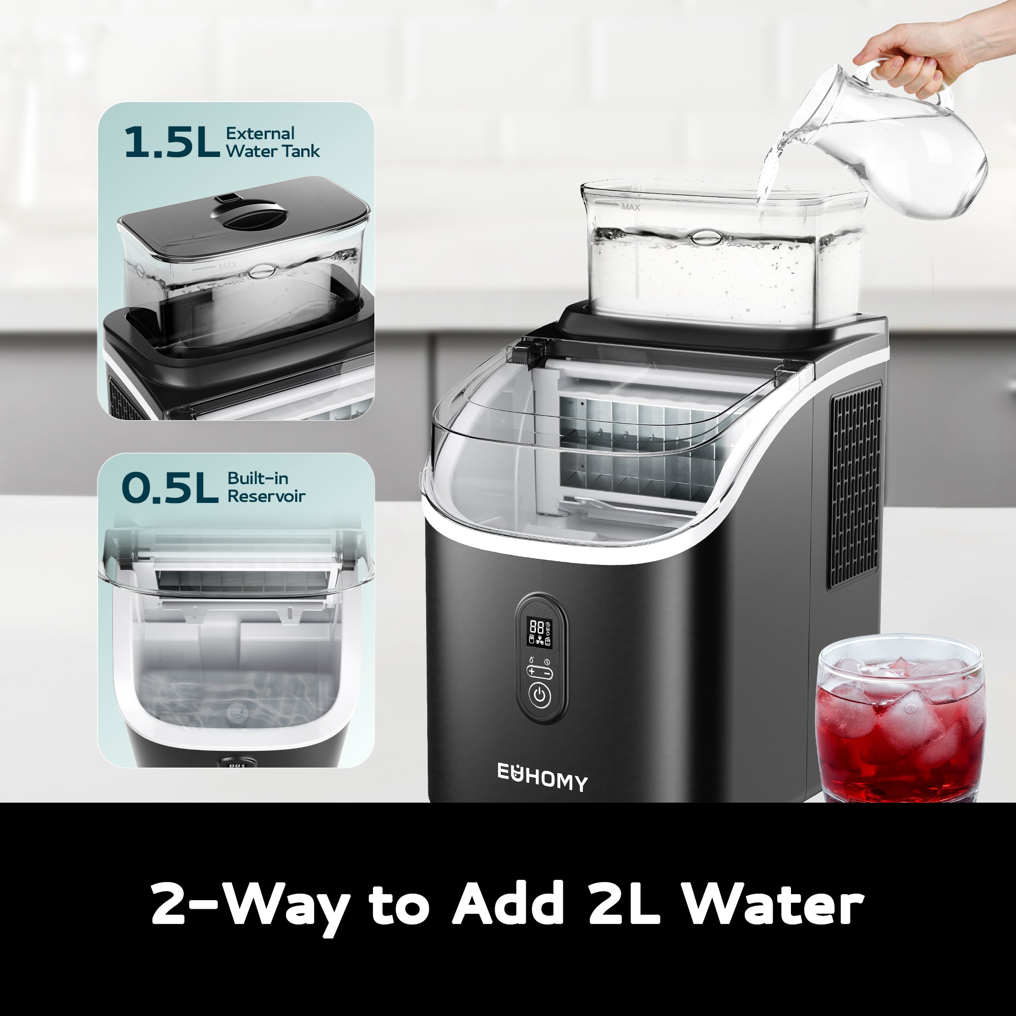 Euhomy Tile SE Cube Ice Maker with 1.5L external water tank and 0.5L built-in reservoir, showing two ways to add water.