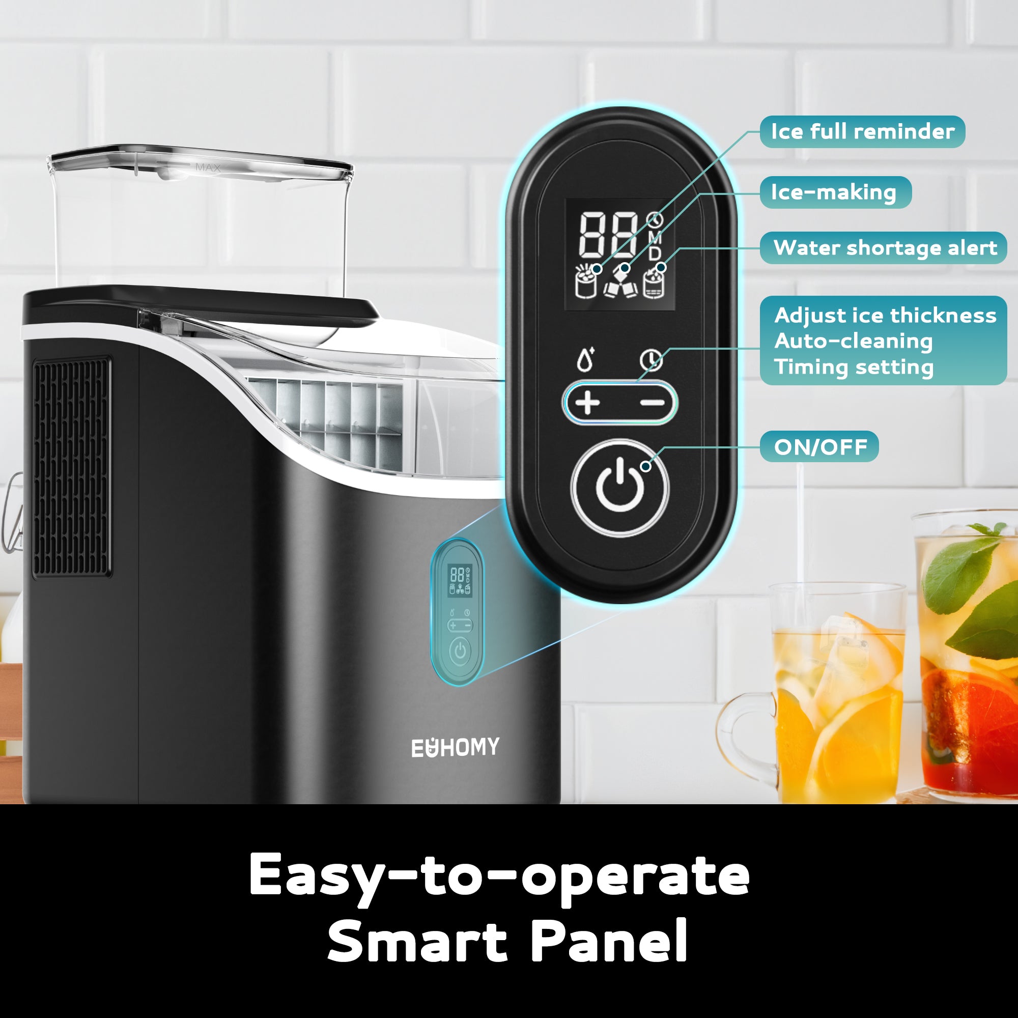 Euhomy Tile SE Cube Ice Maker with smart control panel displaying ice thickness adjustment and auto-cleaning features.
