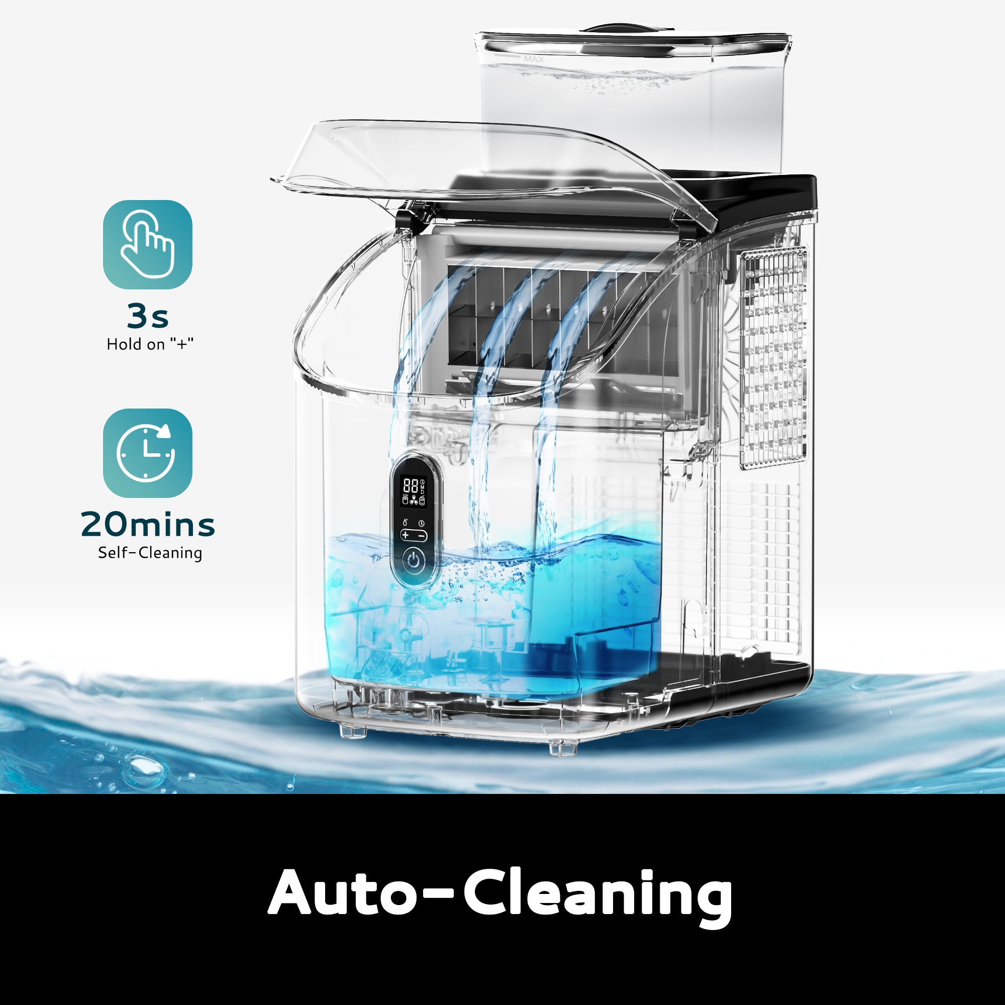 Euhomy Tile SE Cube Ice Maker with self-cleaning feature, showing water circulation and control panel