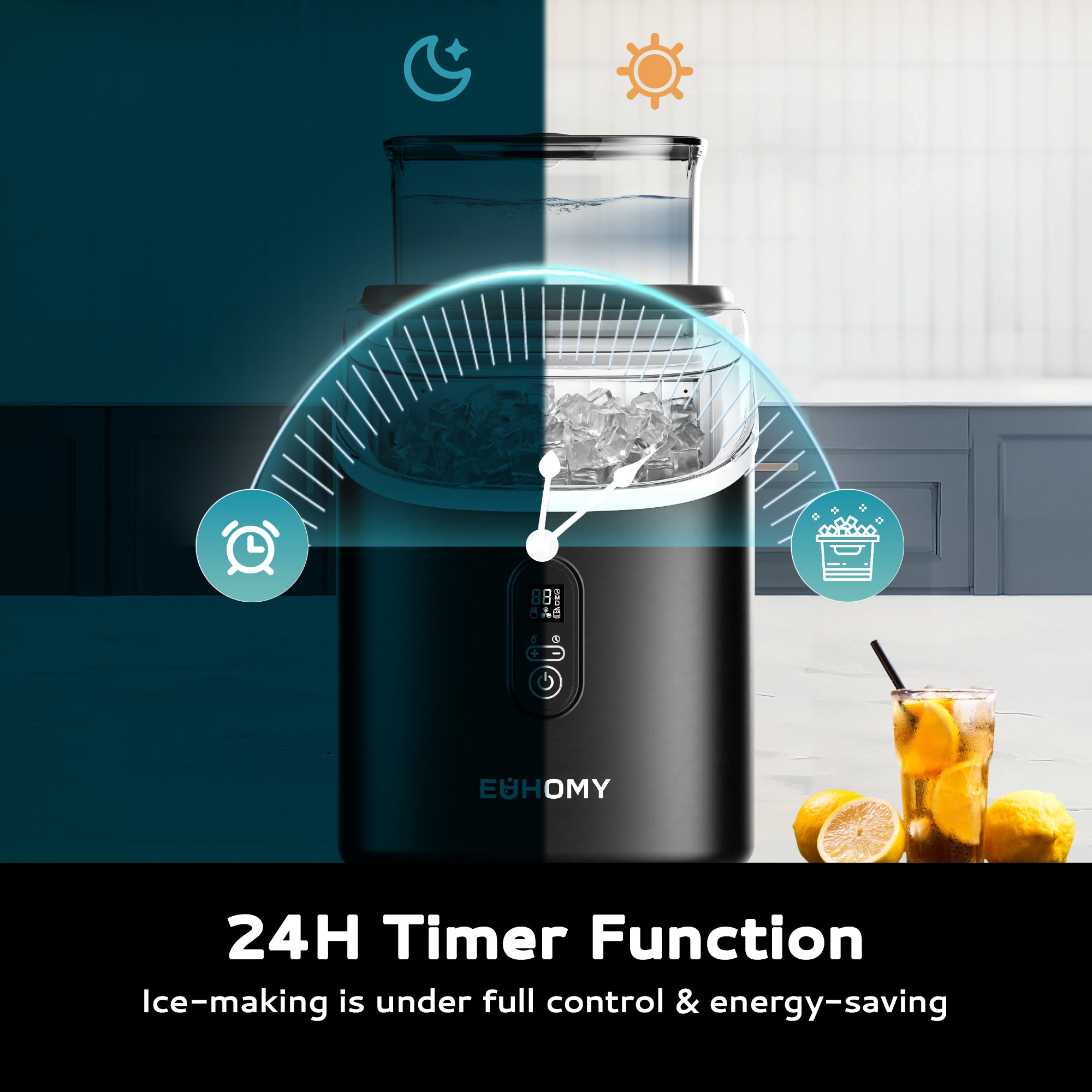 Euhomy ice maker with 24H timer function, displaying ice basket, water tank, and icons for night/day and timer.