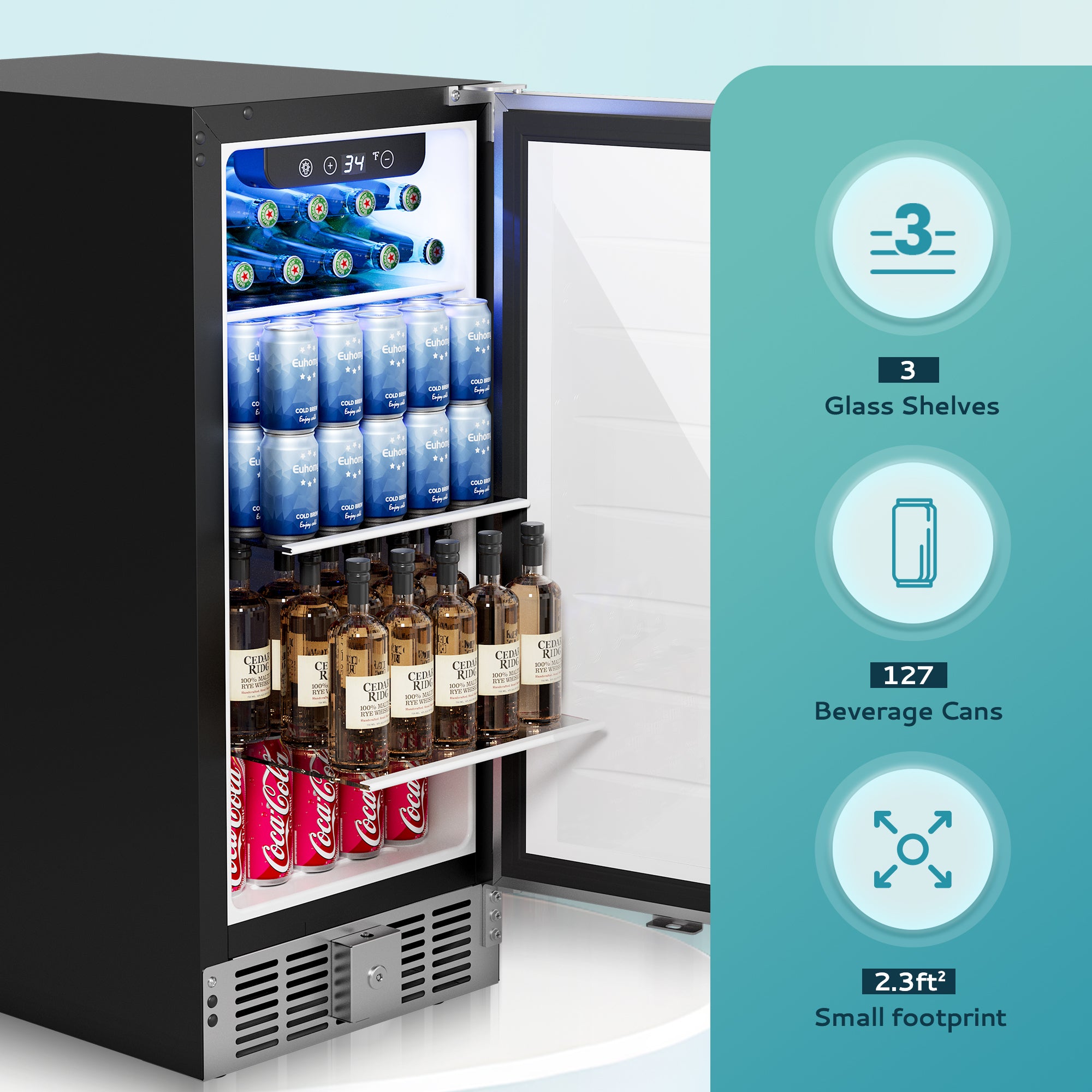 Euhomy 15 inch under counter beverage fridge with 3 glass shelves, 127 can capacity, blue LED, and stainless steel.