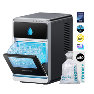 Euhomy clear ice maker with open drawer, ice basket, and x50 clear ice bags