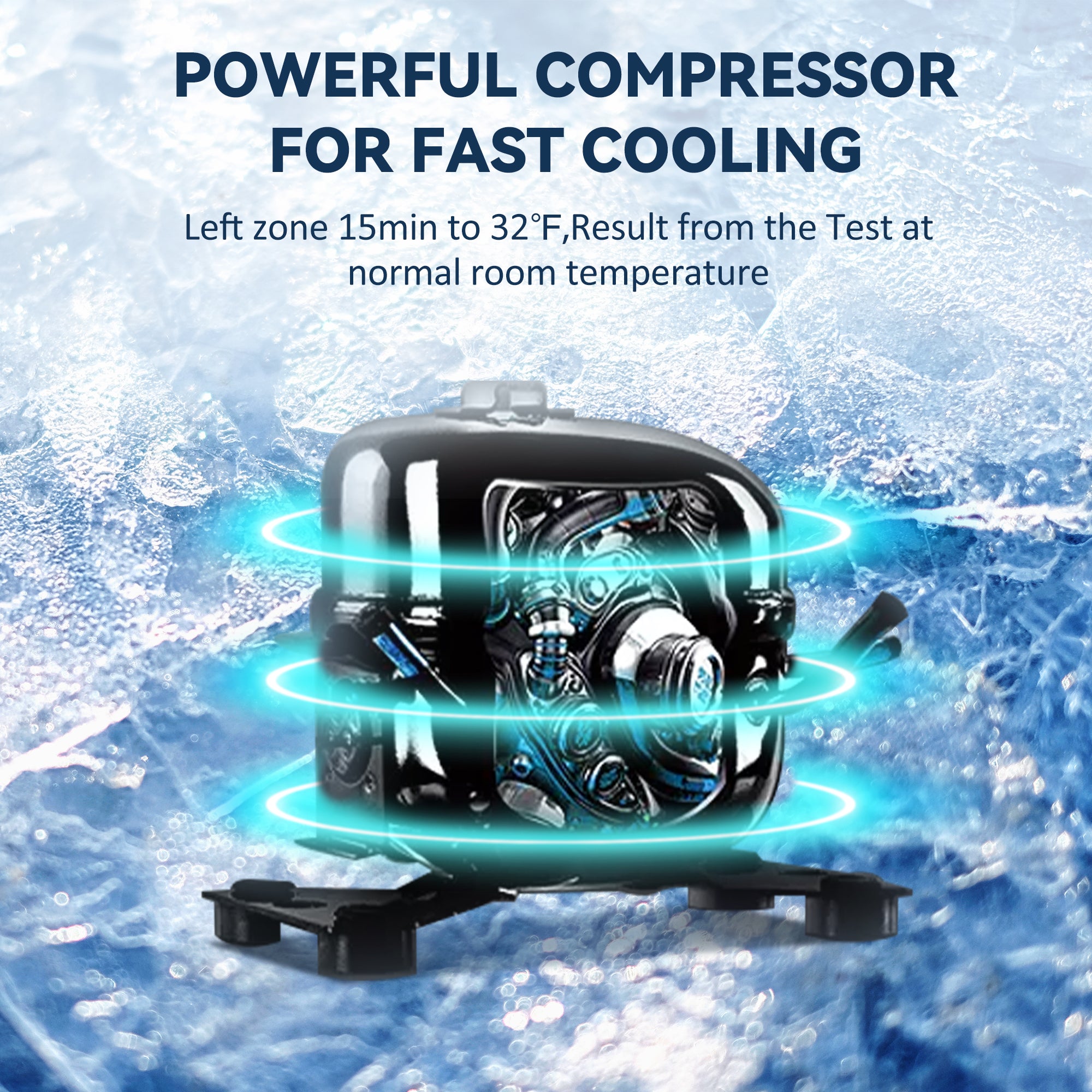 Euhomy portable car refrigerator with powerful 12V compressor for fast cooling, 48-59 Quart capacity, icy blue background.